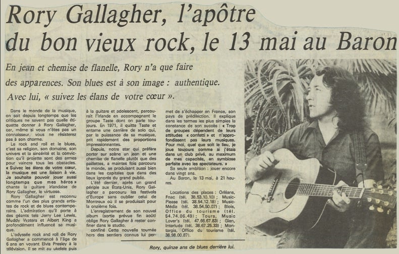The Paper Rory Interview with Paris newspaper before 13th May 1986 concert at the ...