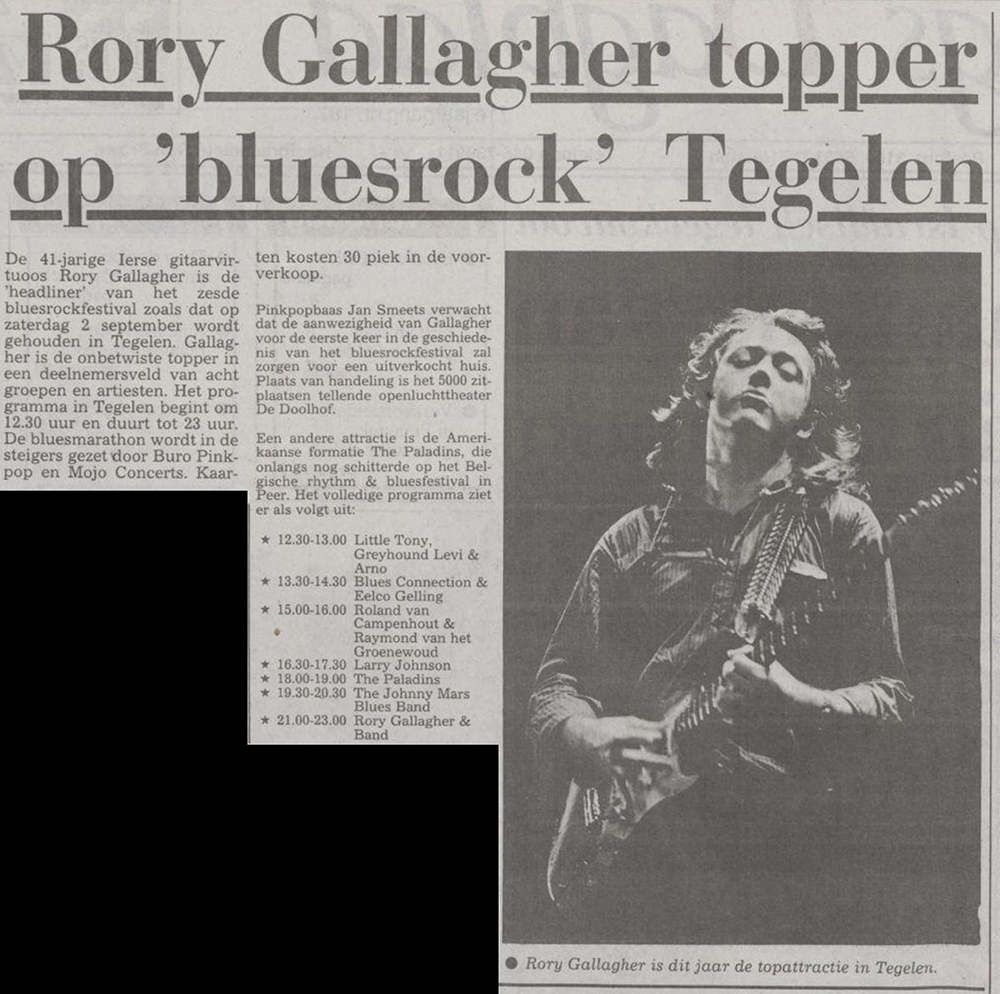 Promotional Article for Rory at Tegelen Blues Rock Festival, September 1989 (Unknown Dutch&nbsp;Newspaper)